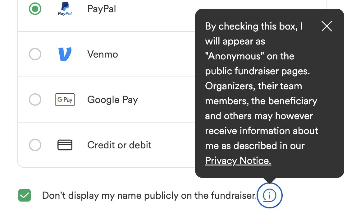 Donating as &ldquo;Anonymous&rdquo; on the fundraiser page – Help Center