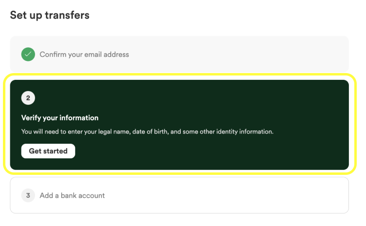 La página de transferencia de GoFundMe muestra la opción “Comenzar” para verificar tu identidad