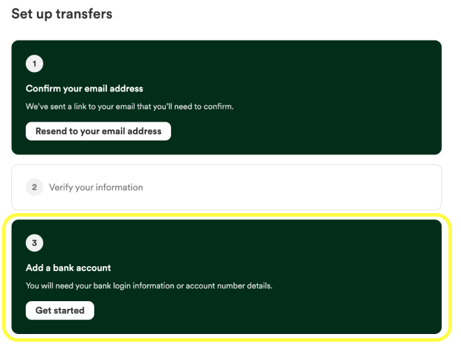 Página de transferencia de GoFundMe que muestra dónde hacer clic en “Comenzar” para configurar la transferencia